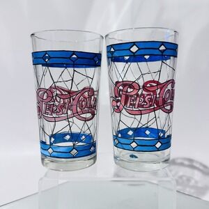 Pair‎ of Vintage Pepsi Cola 5" Stained Glass Design Glass Tumblers Faded